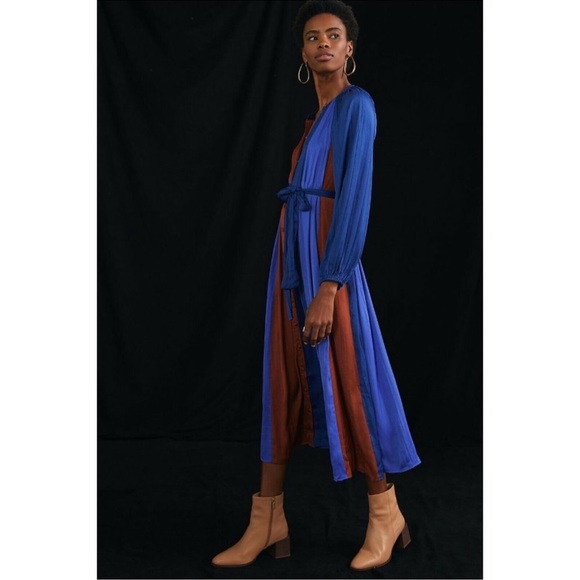 NWT Anthropologie Colorblocked Midi Dress M Blue $170 Button Front Satin - Picture 3 of 4